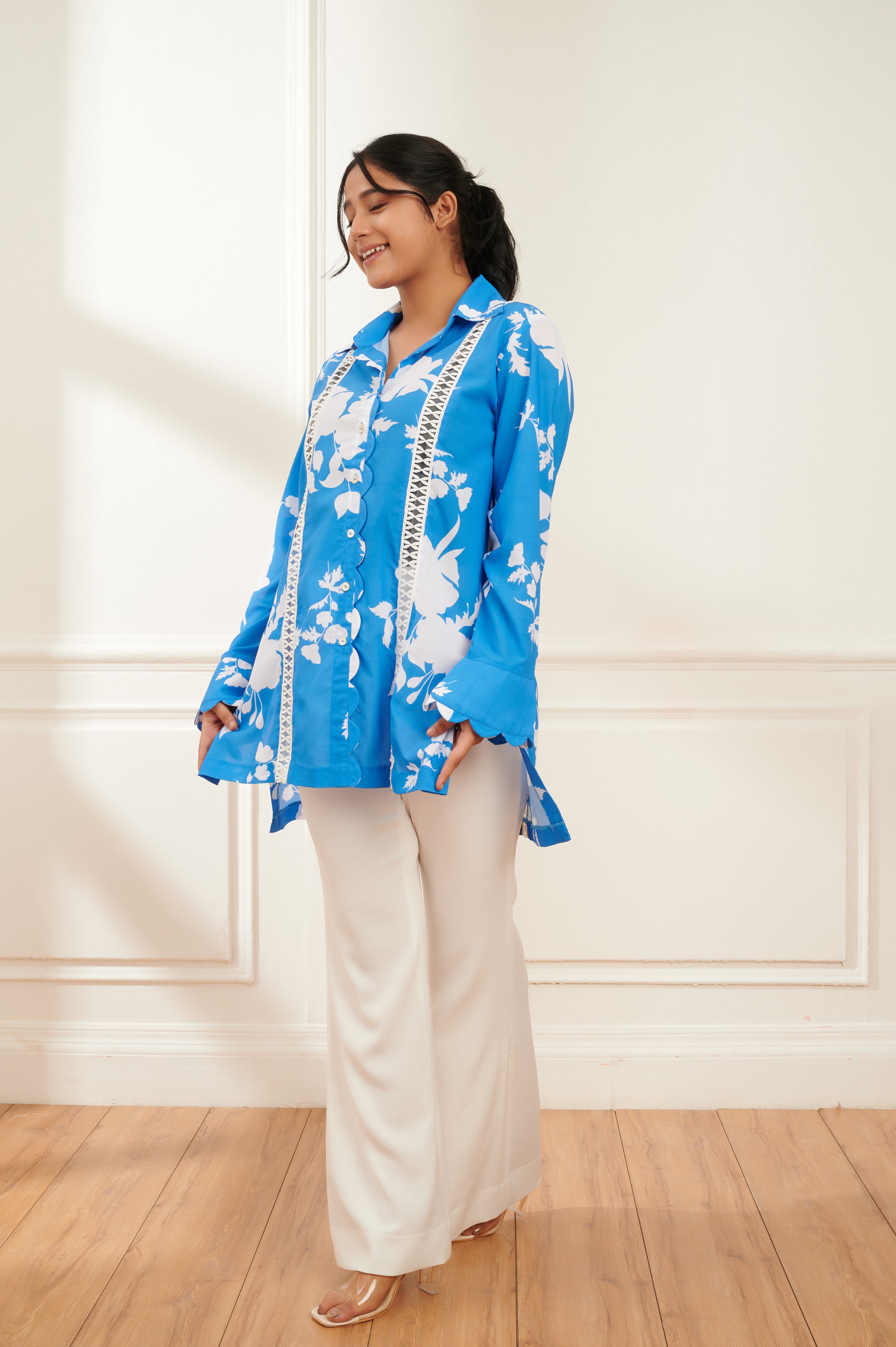Azure printed formal shirt for women - Haus of Handmade handcrafted clothing India