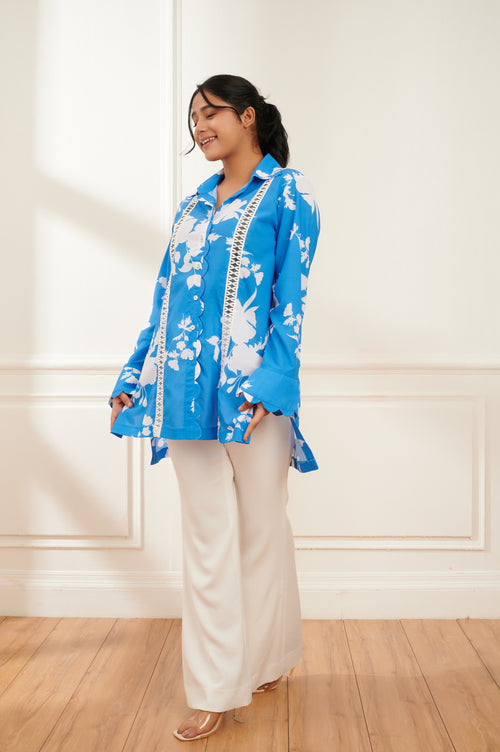 Azure printed formal shirt for women - Haus of Handmade handcrafted clothing India