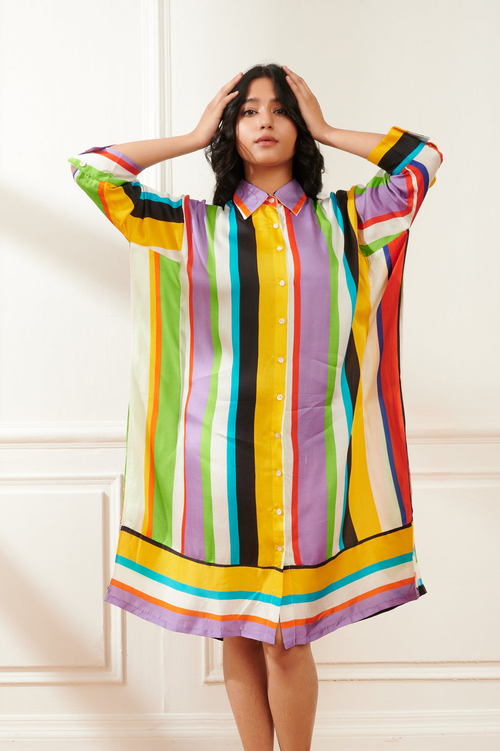 Crayola printed striped dress for women - Haus of Handmade handcrafted clothing India