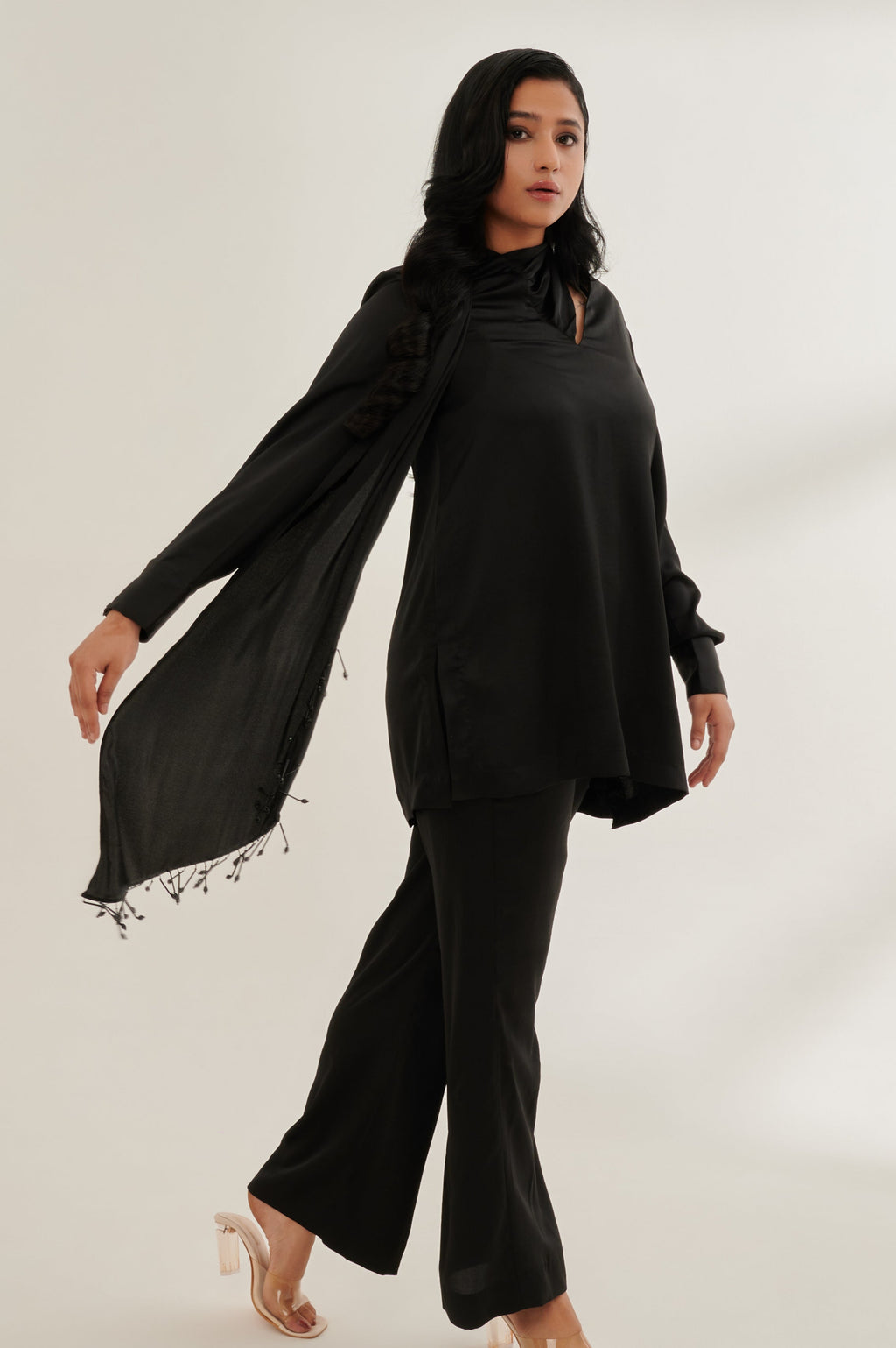CLASSEA formal black co-ord set — side view | Haus of Handmade