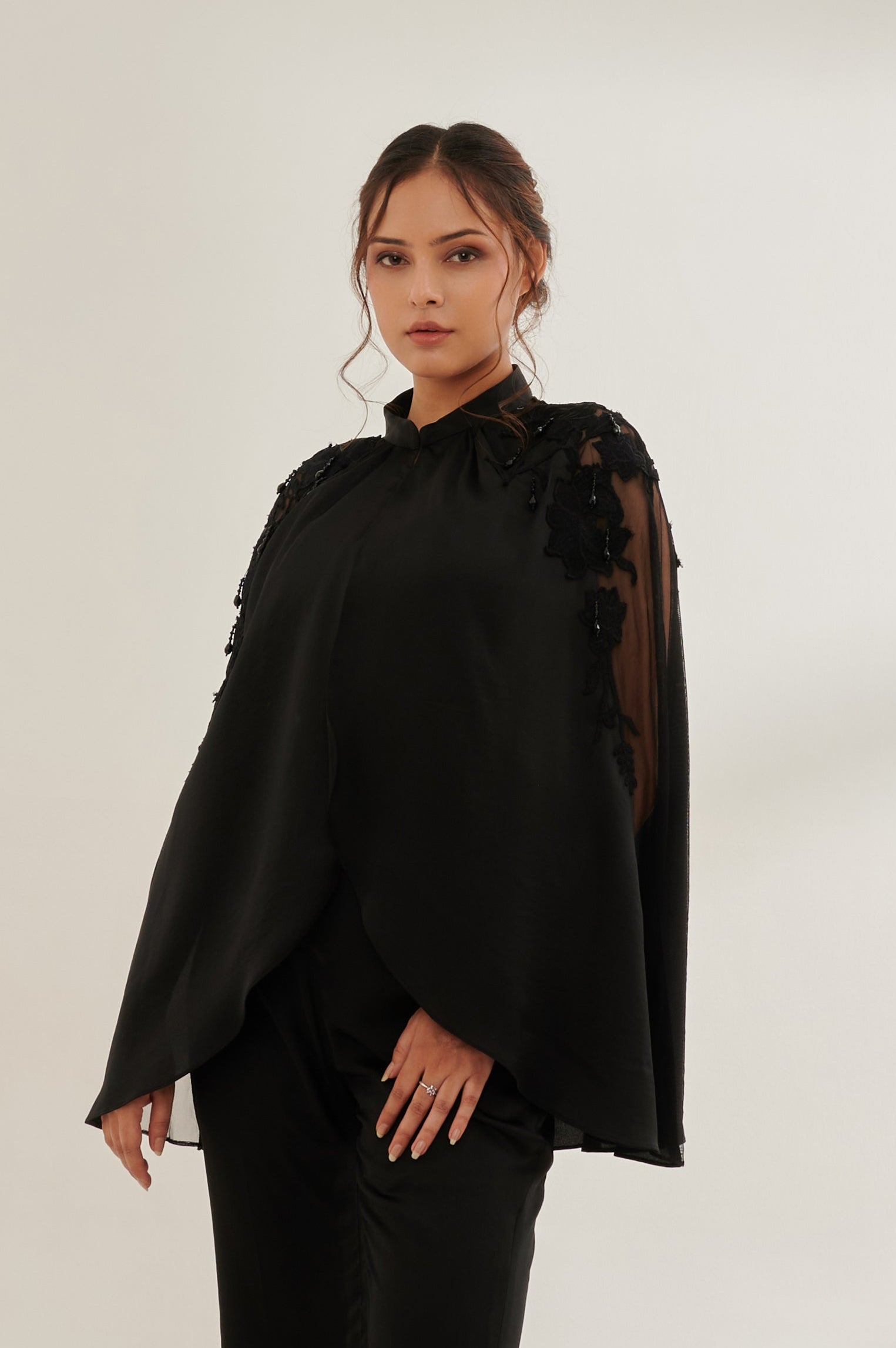FLEUR formal black cape — front view | Haus of Handmade