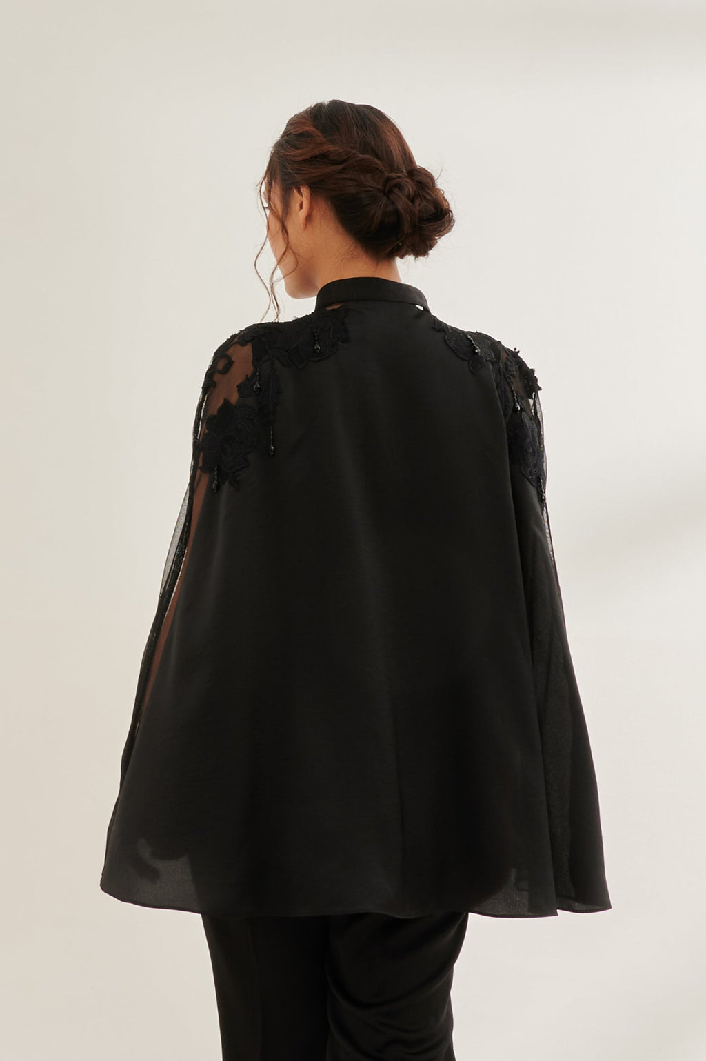 FLEUR formal black cape — side view | Haus of Handmade