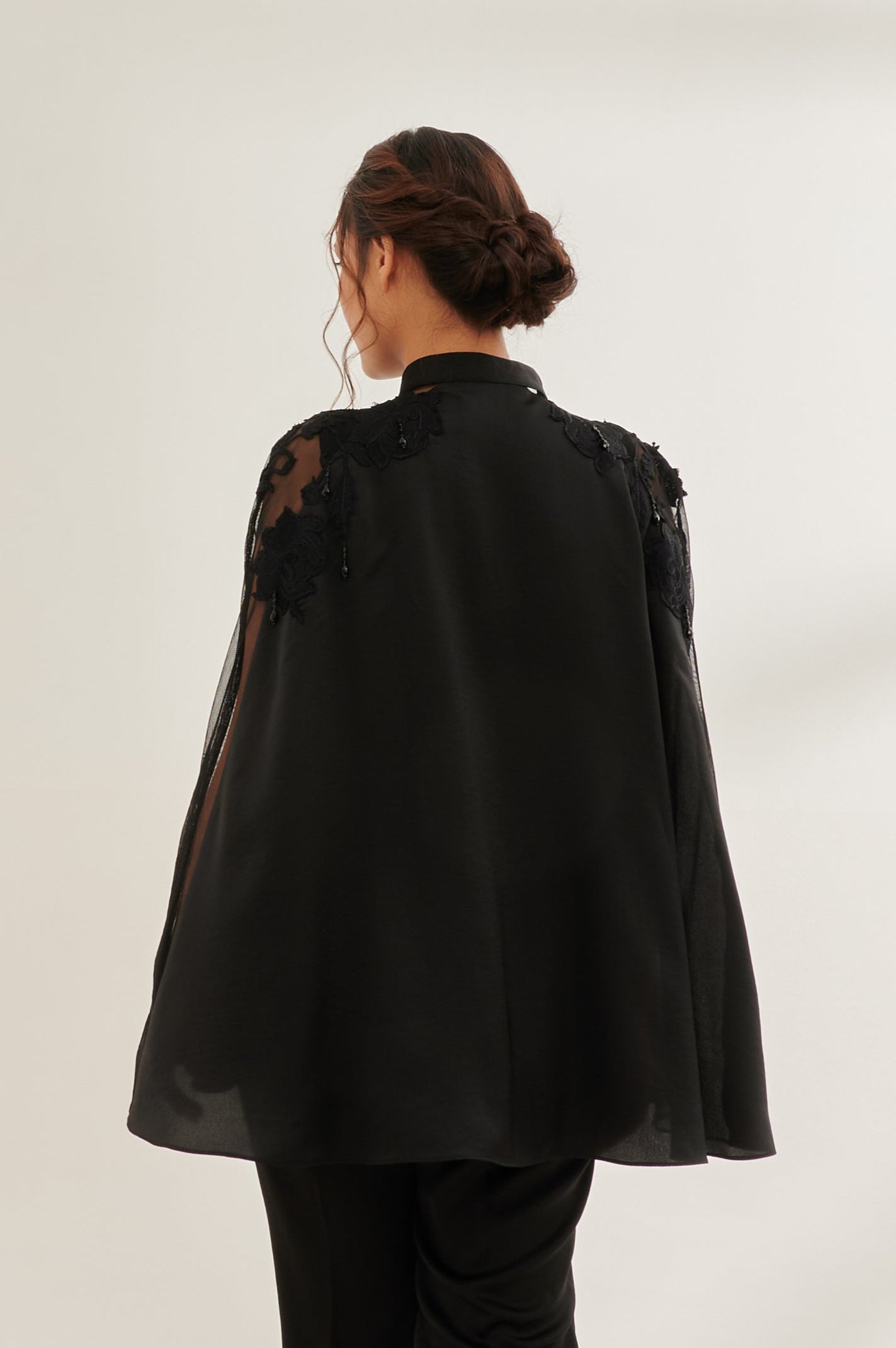 FLEUR formal black cape — side view | Haus of Handmade