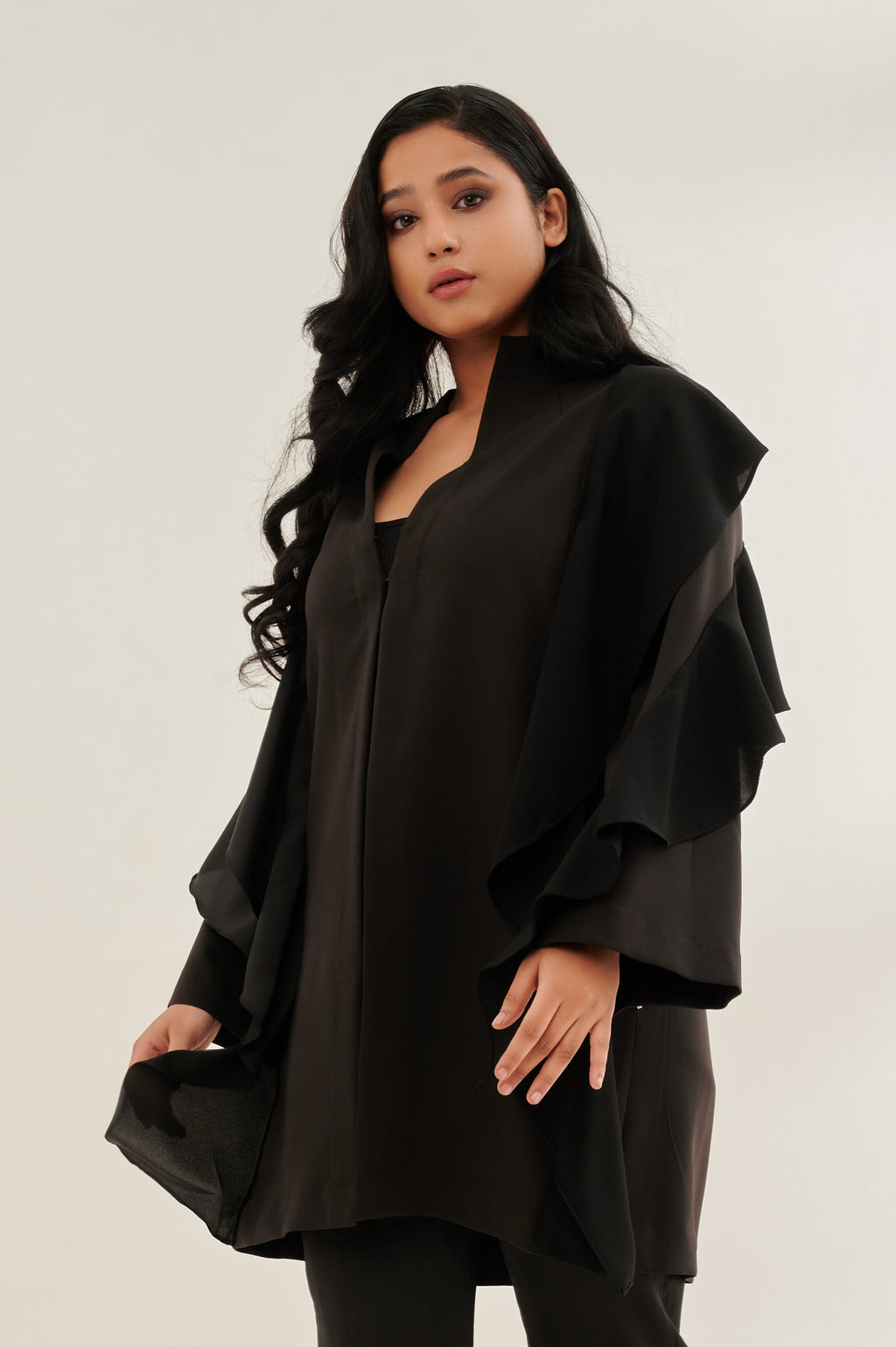 SOFISTIC formal cape in black — side view | Haus of Handmade