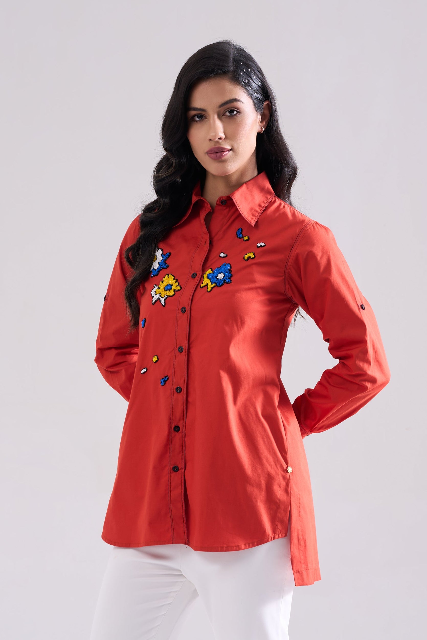 RUST Sequined Shirt — front view | Haus of Handmade
