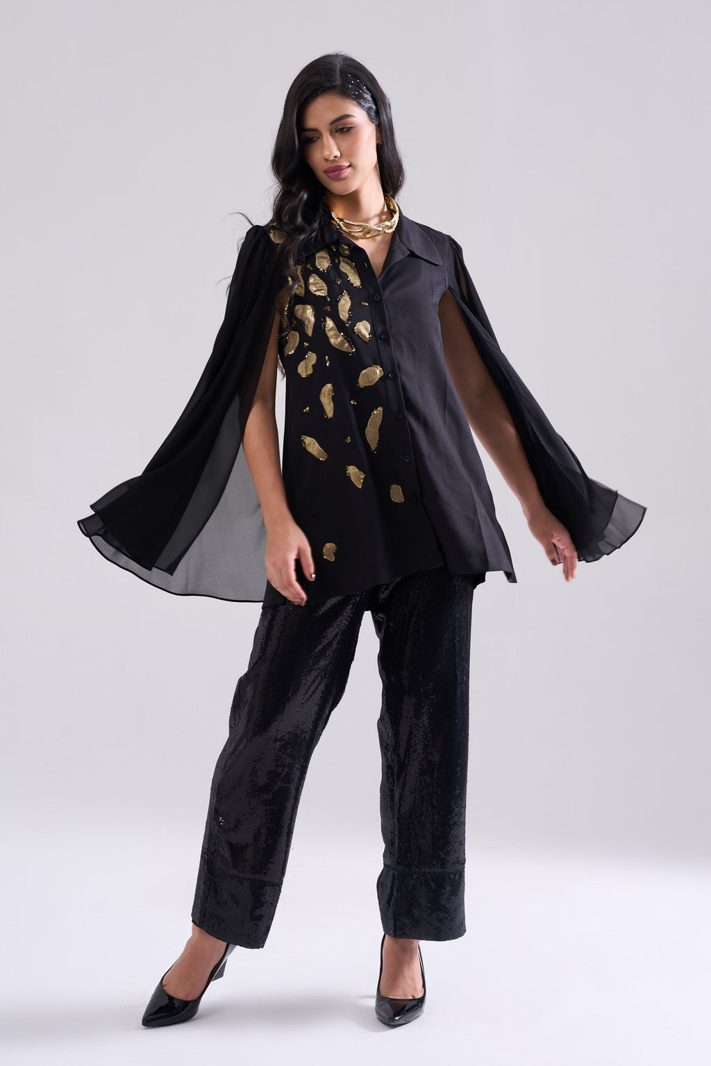 Fall Sequined Shirt — front view, handcrafted women's party shirt | Haus of Handmade