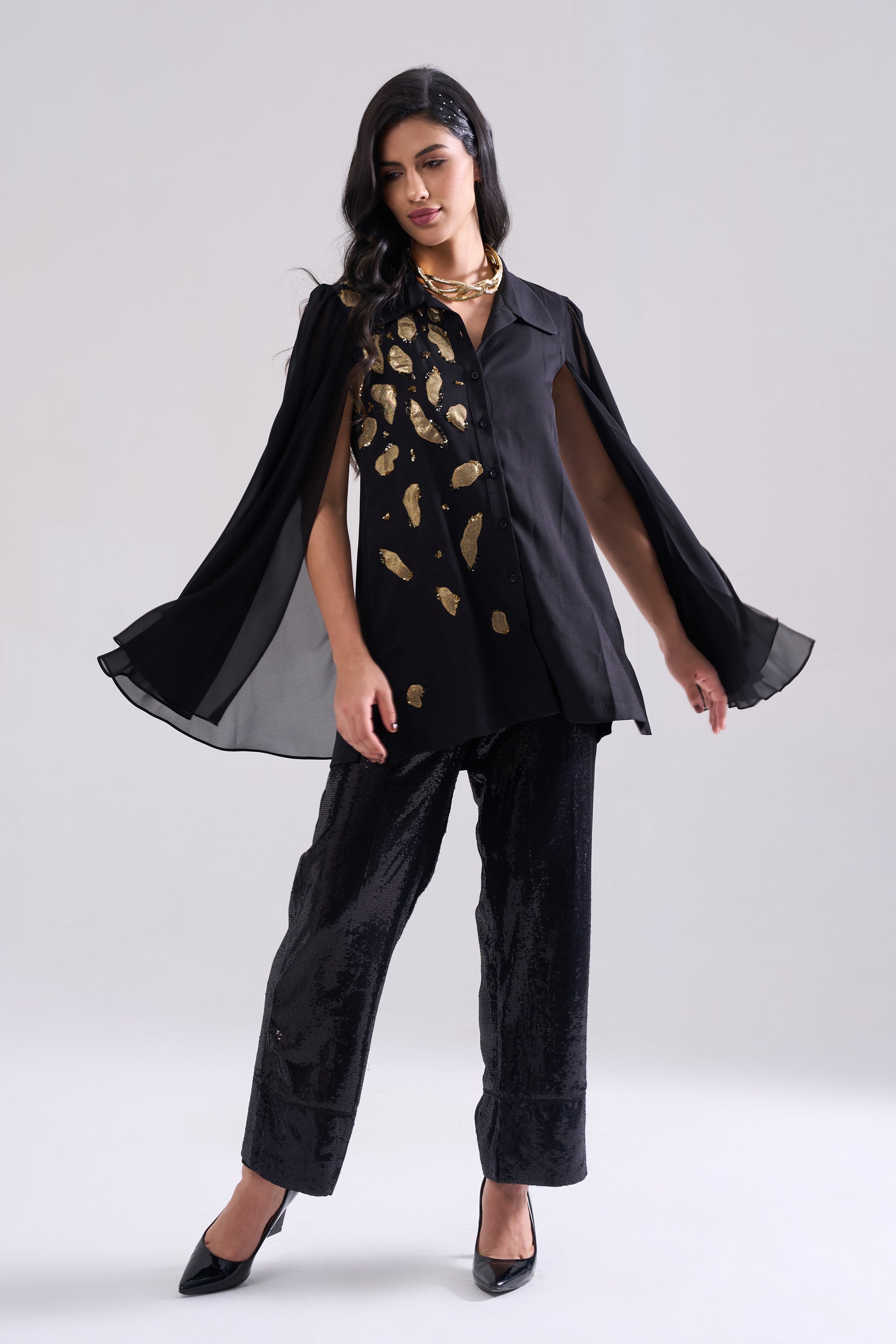 Fall Sequined Shirt — front view, handcrafted women's party shirt | Haus of Handmade