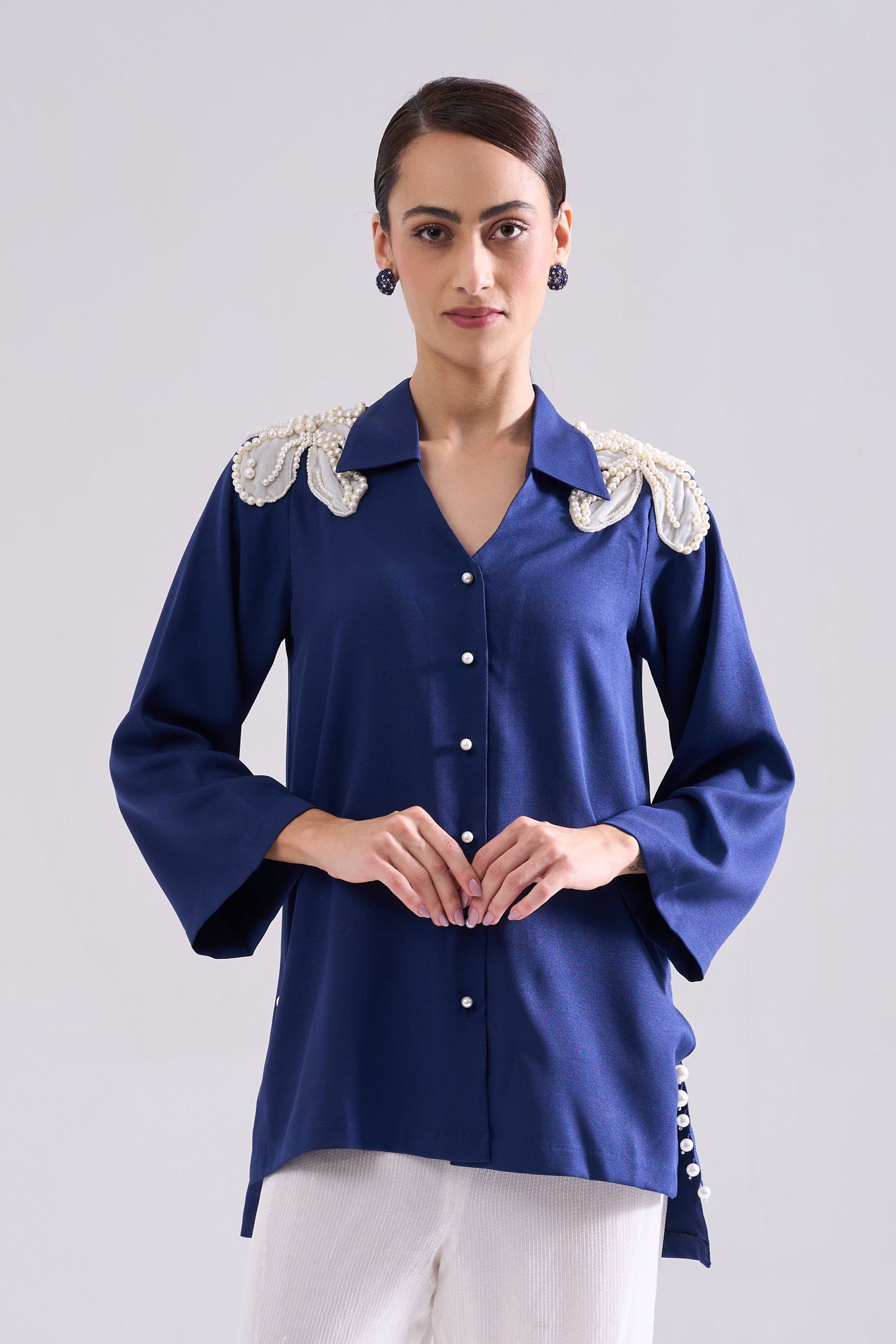 JEWEL Pearl Handwork Shirt — front view | Haus of Handmade