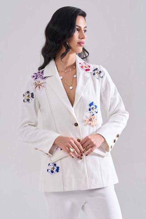 BOUQUET Embroidered Denim Jacket — front view | Haus of Handmade
