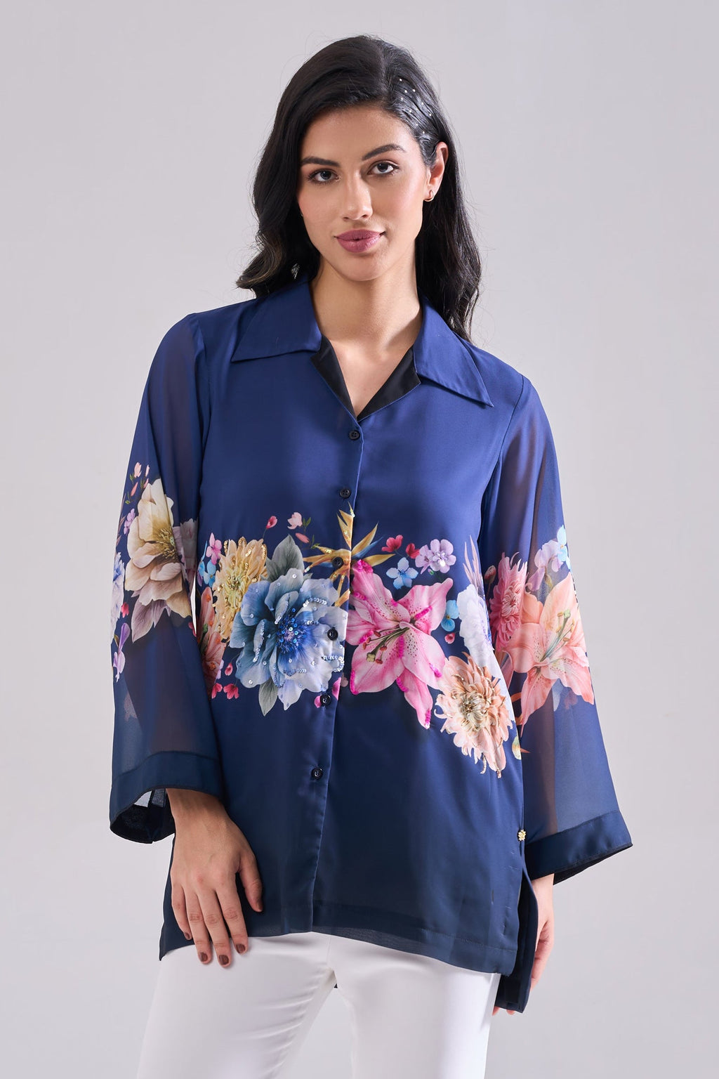 Midnight Sequined Shirt — hand sequin floral placement print, front view | Haus of Handmade
