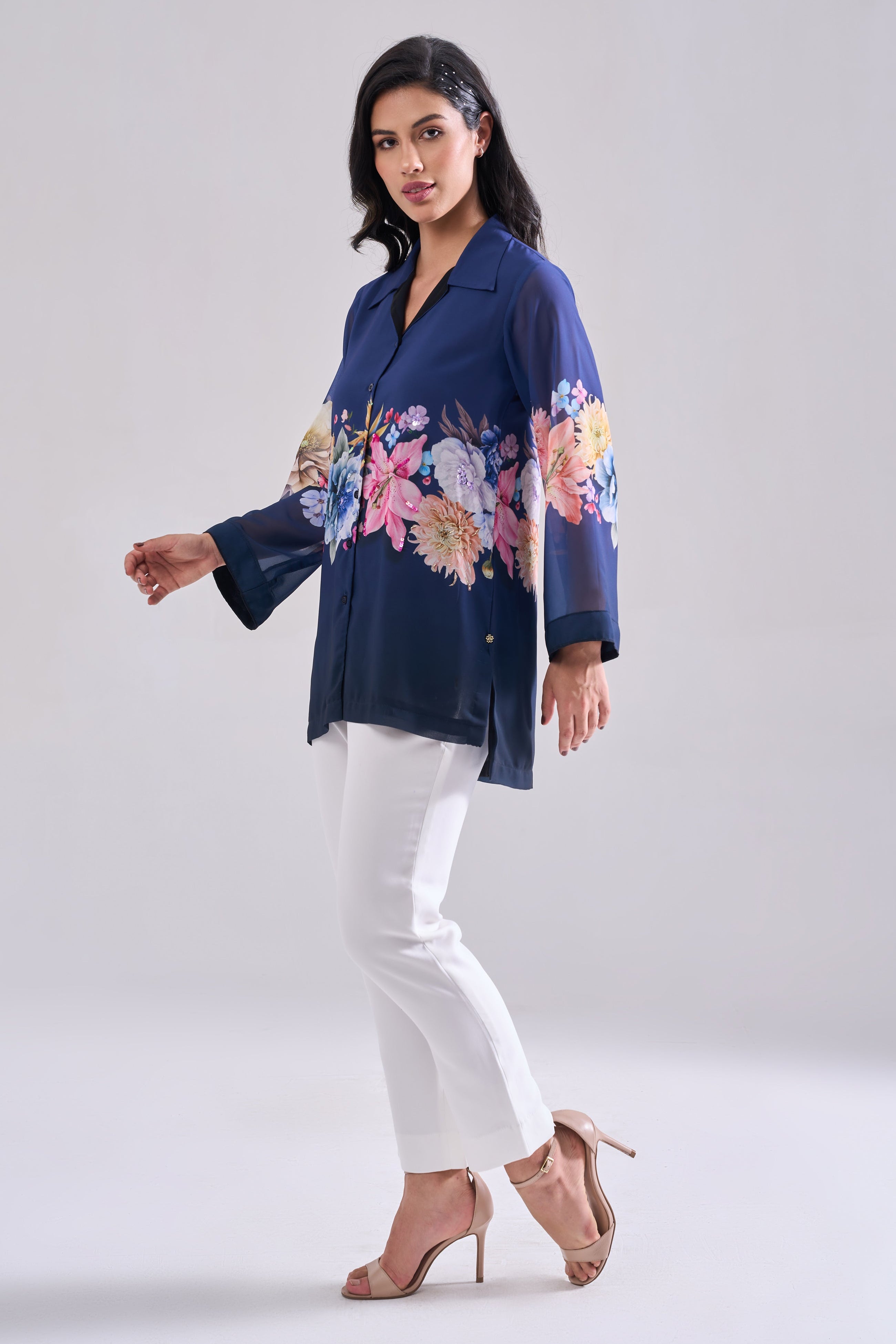 Midnight Sequined Shirt — high-low hem detail, side view | Haus of Handmade