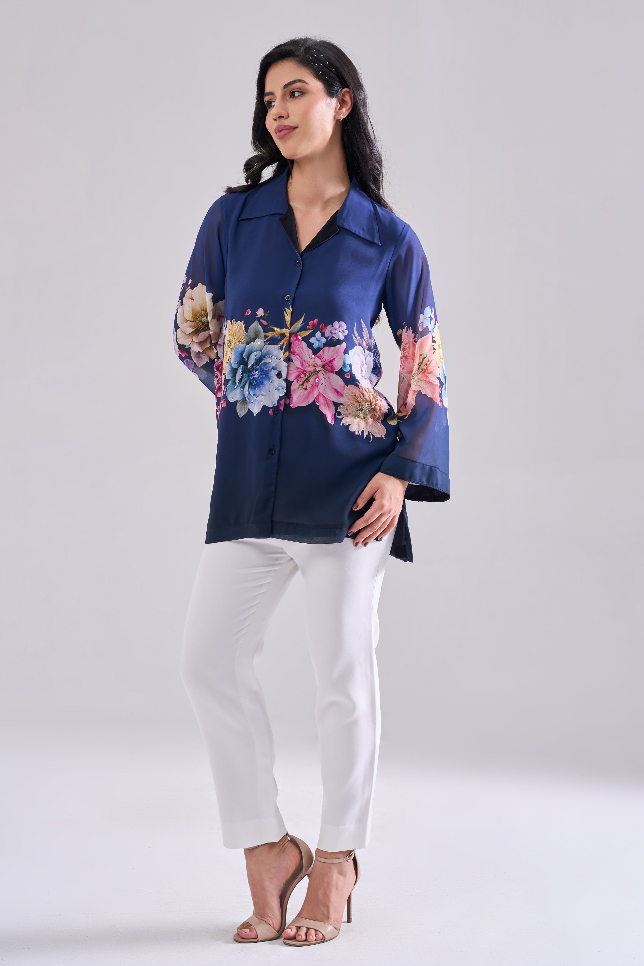 Midnight Sequined Shirt — back view, lined poly georgette | Haus of Handmade