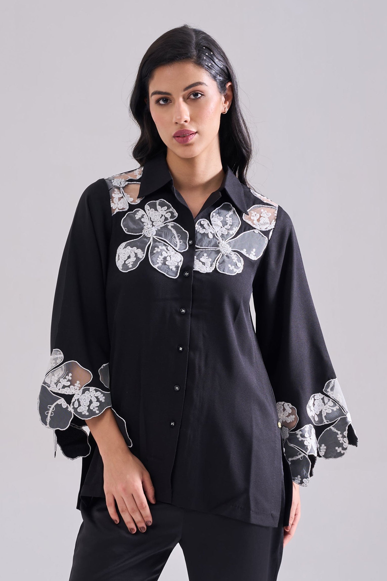 FLOWER Sequined Shirt — front view | Haus of Handmade