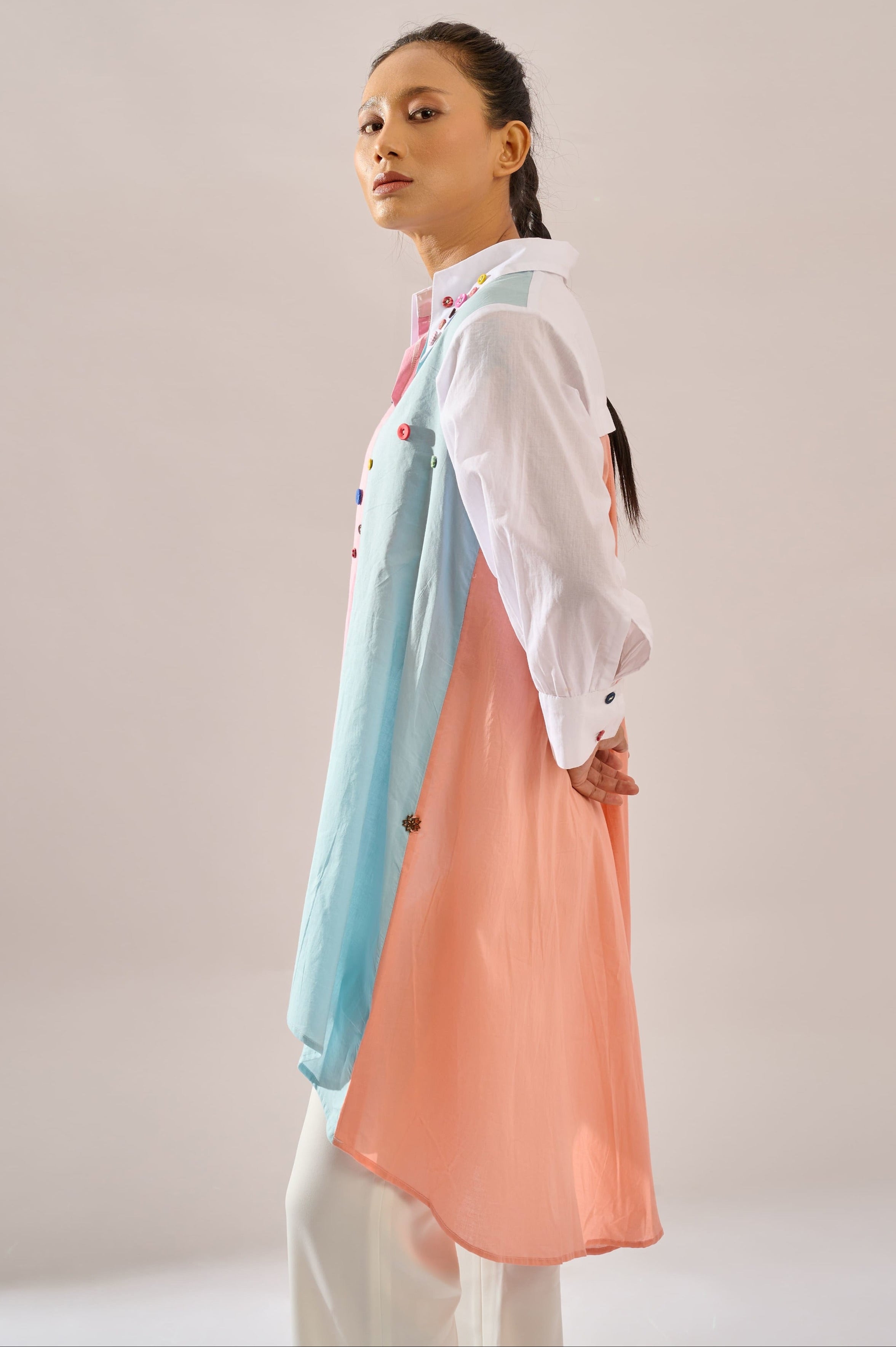 Speckled color block top in cotton