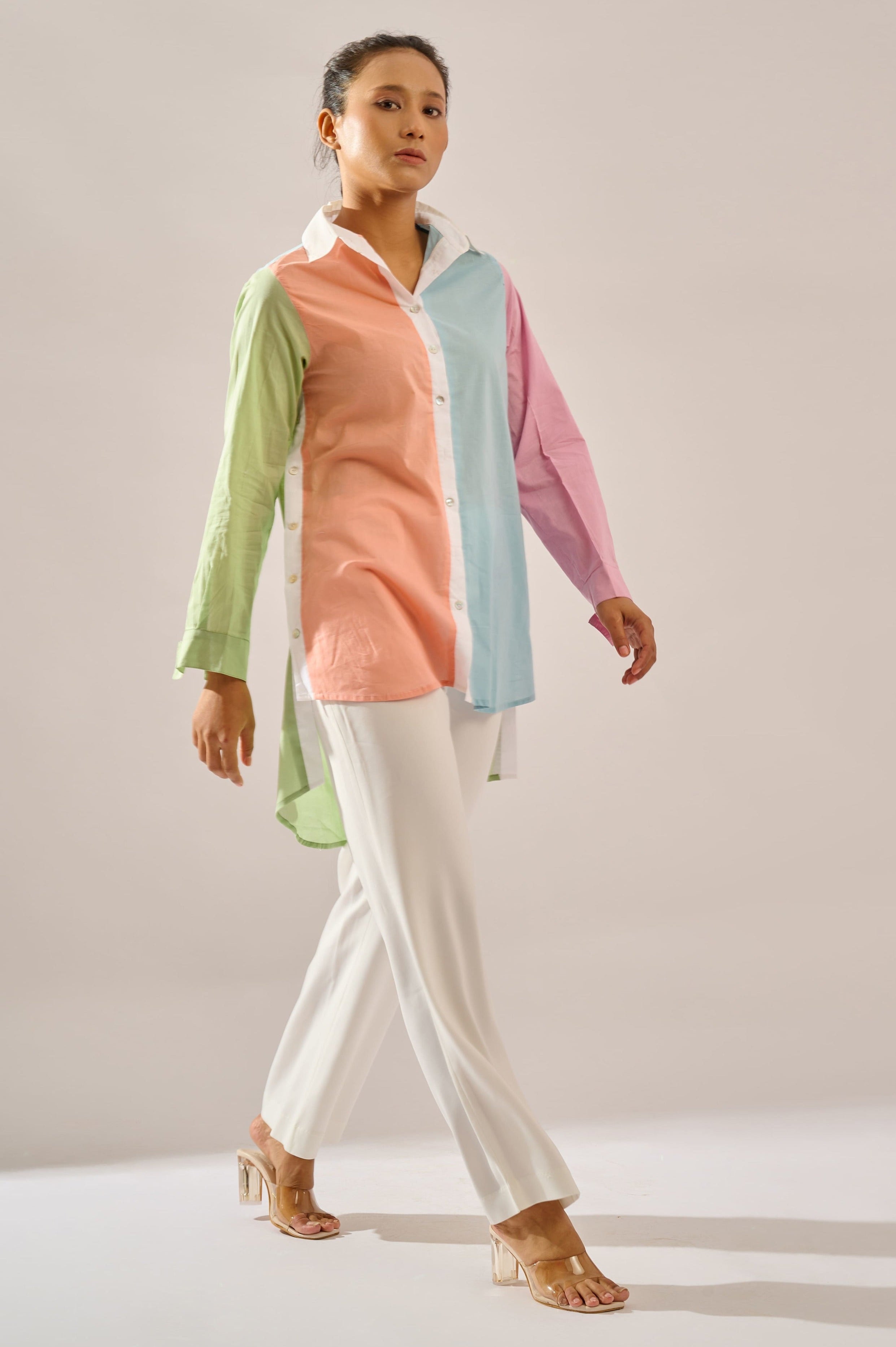 Mingle color block cotton shirt for women - Haus of Handmade handcrafted clothing India