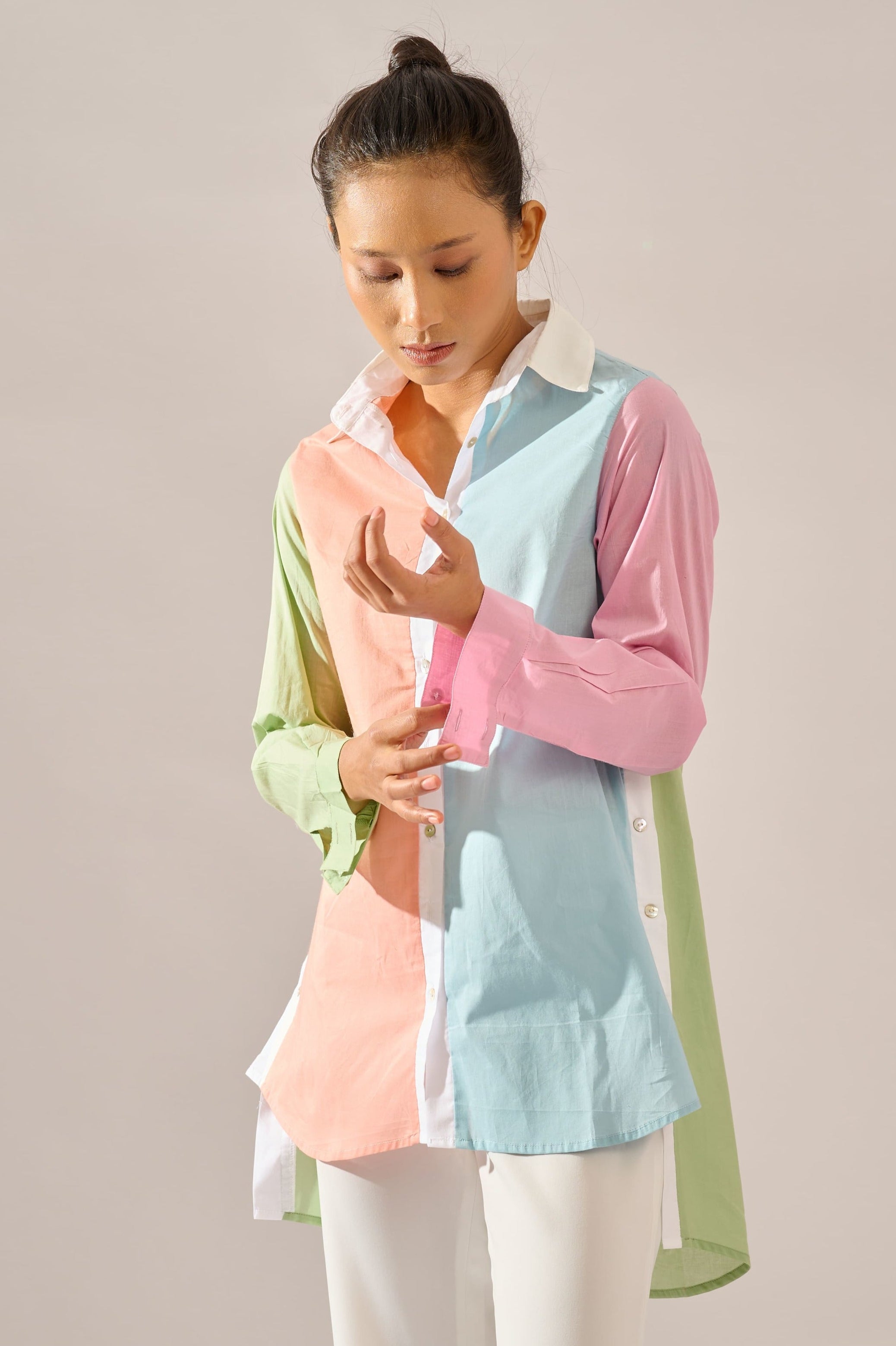 Mingle color block cotton shirt for women - Haus of Handmade handcrafted clothing India
