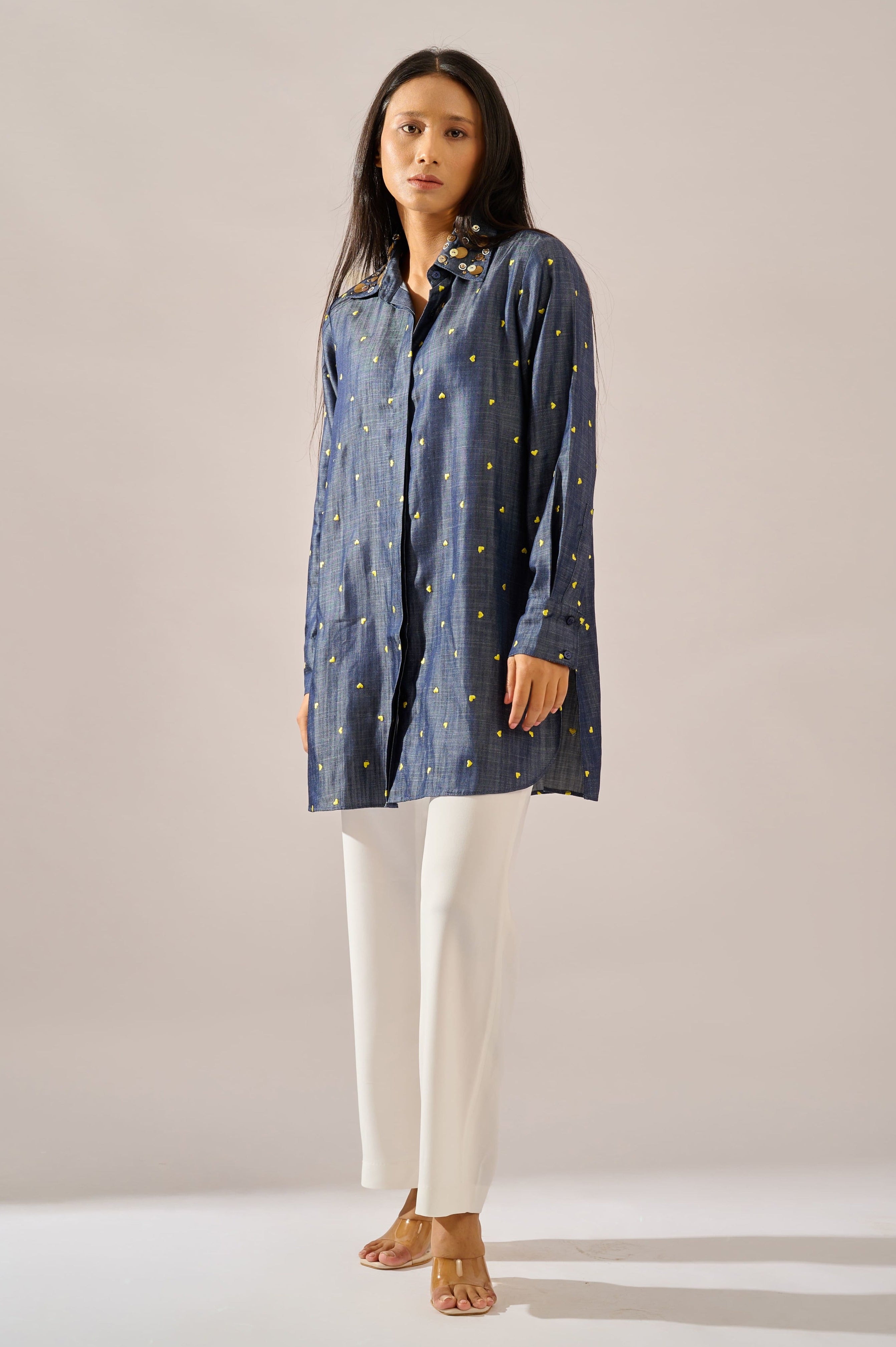 Ditsy Heart Shirt in embroidered denim