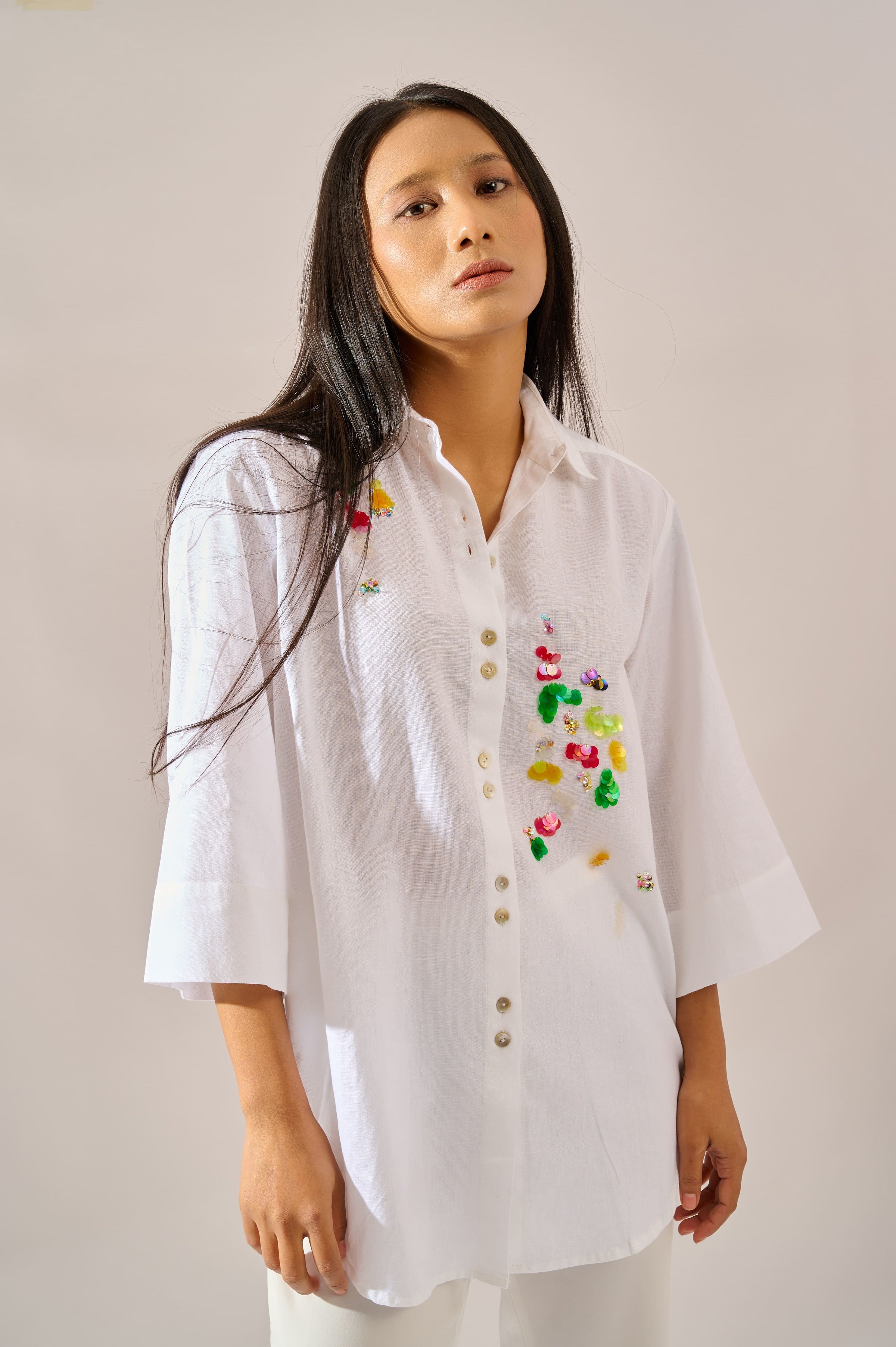 Confetti sequined linen shirt for women - Haus of Handmade handcrafted clothing India