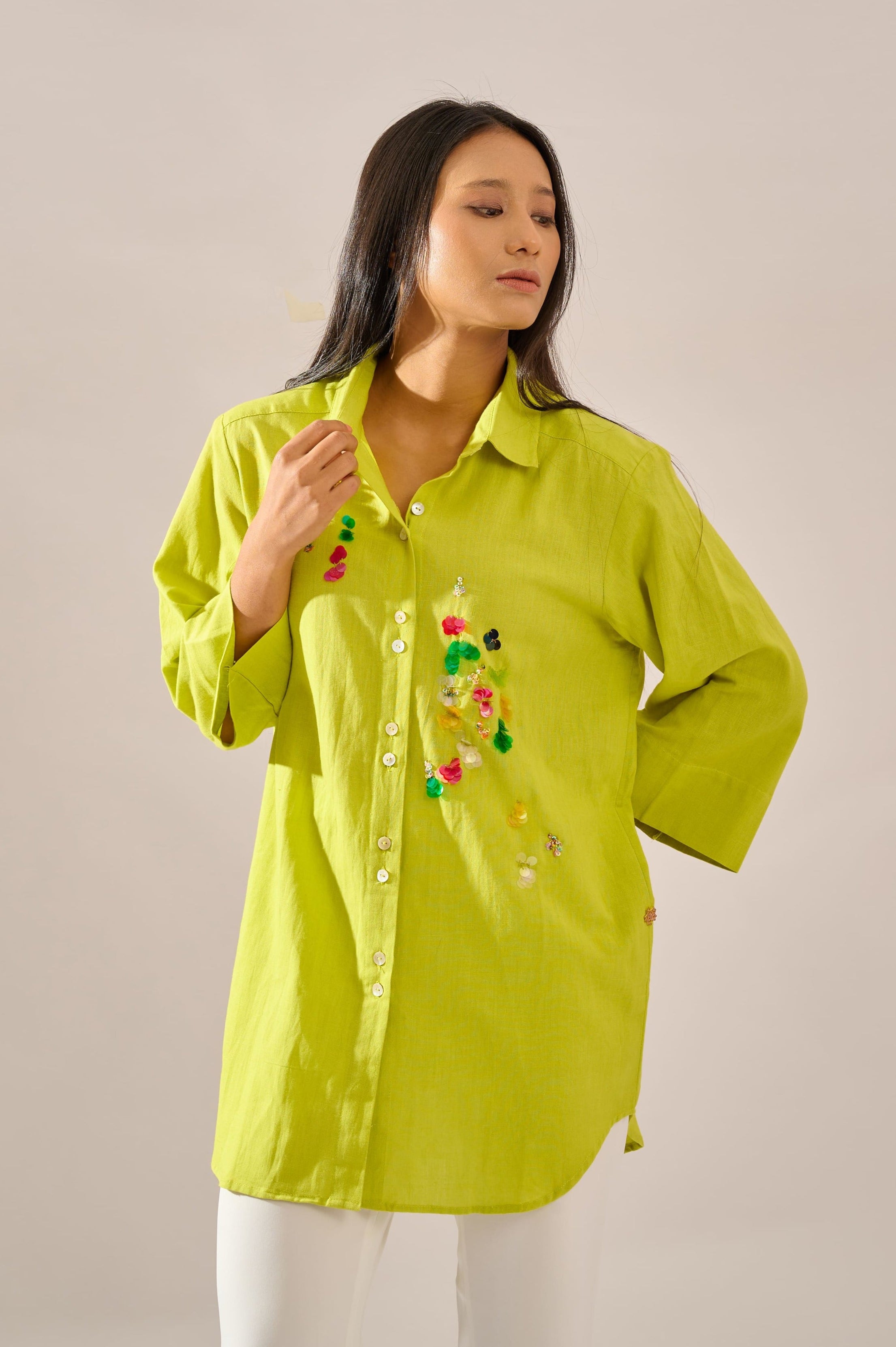 Confetti sequined linen shirt for women - Haus of Handmade handcrafted clothing India