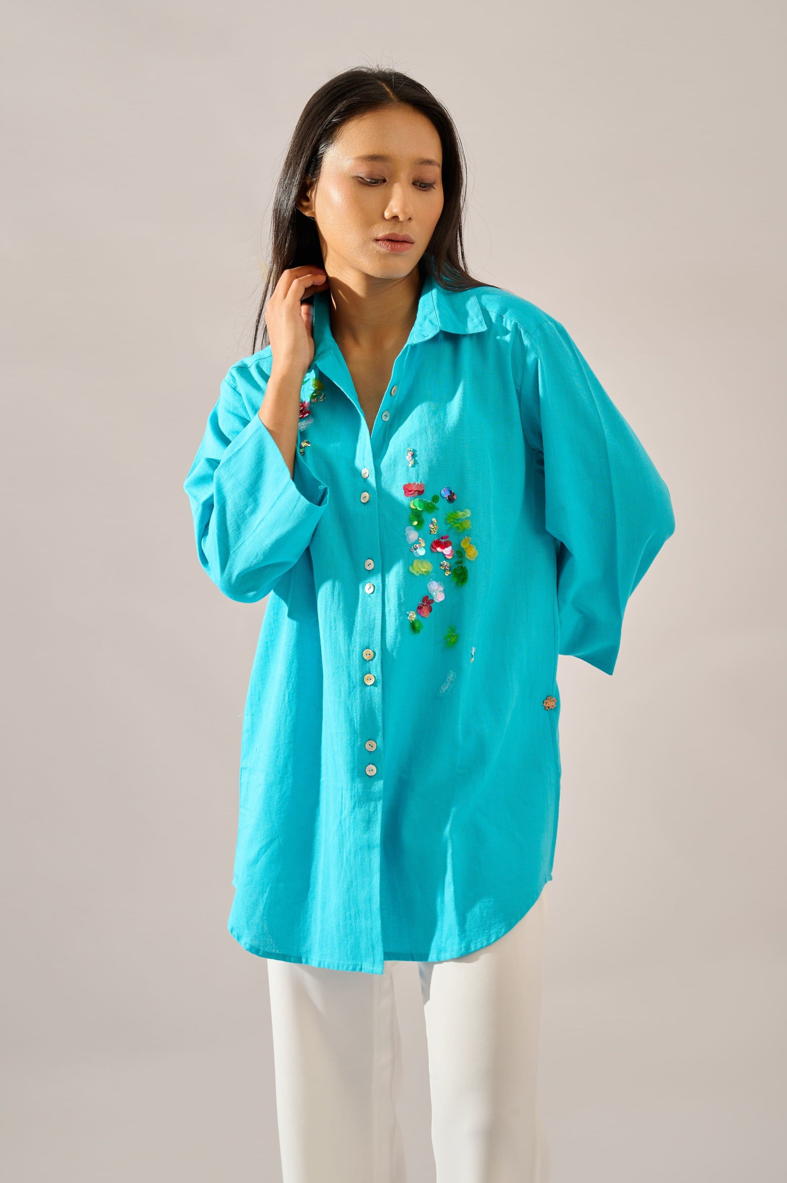 Confetti sequined linen shirt for women - Haus of Handmade handcrafted clothing India