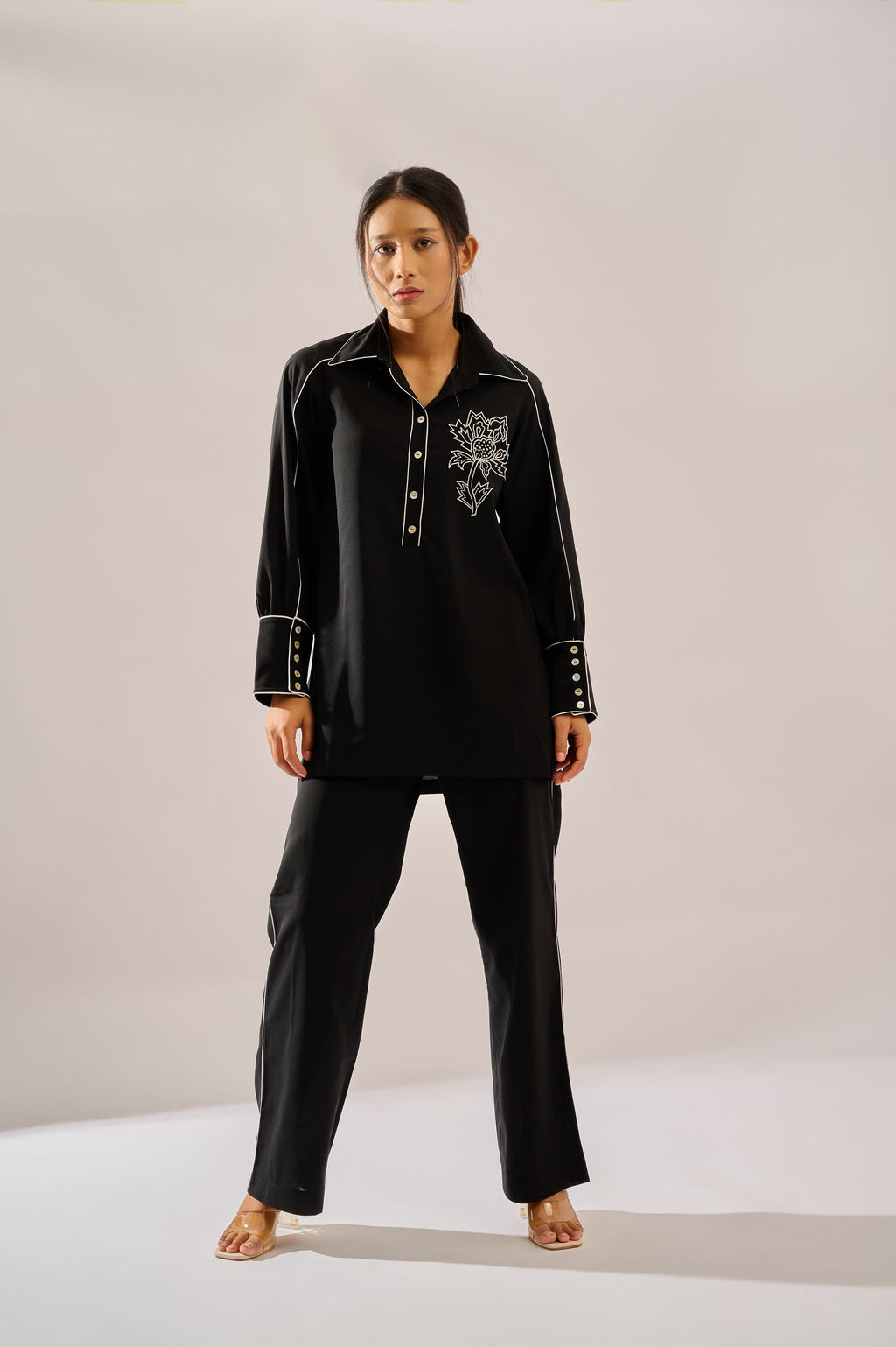 Monochrome co-ord set in black for women - Haus of Handmade handcrafted clothing India