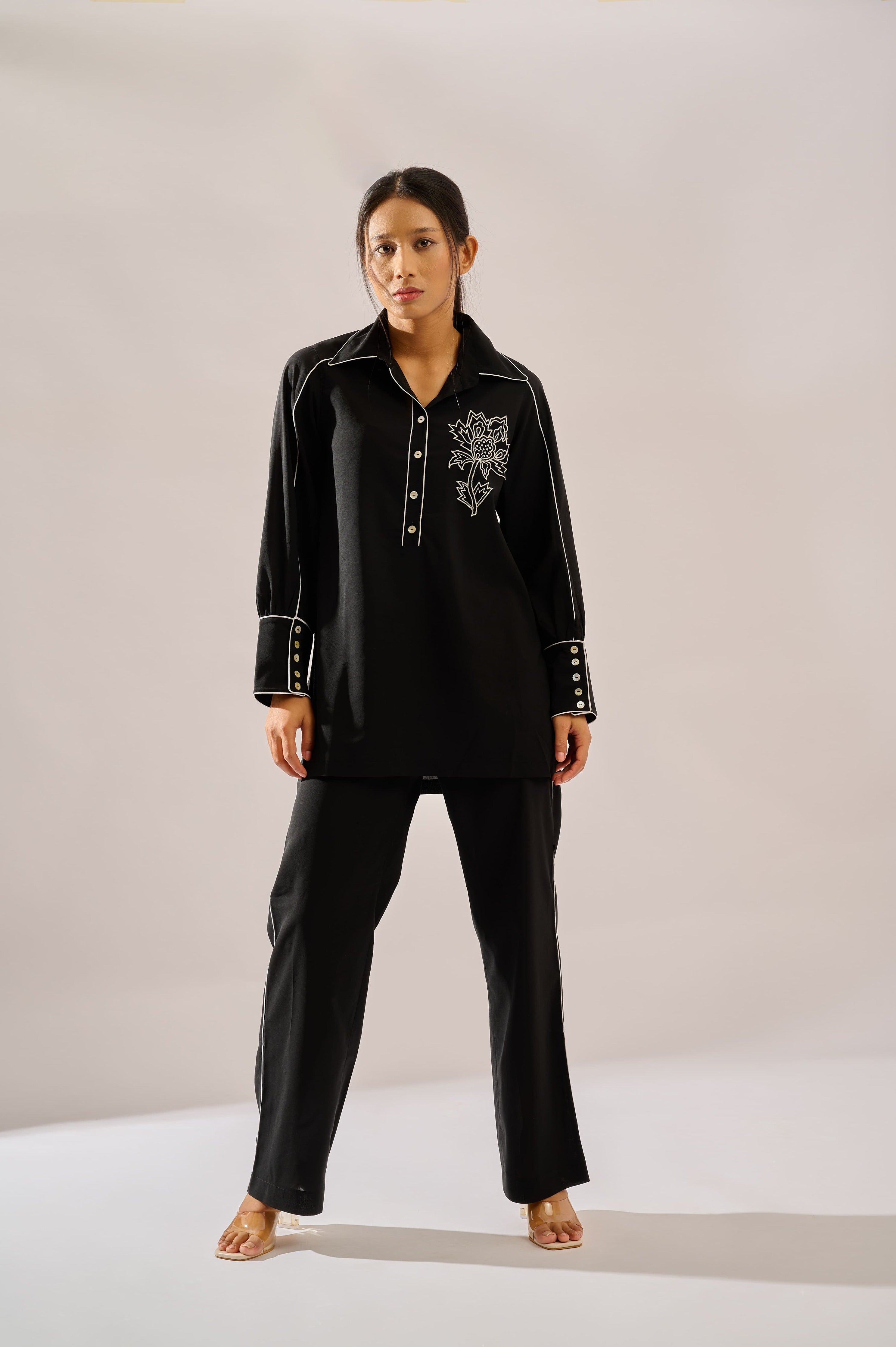 Monochrome co-ord set in black for women - Haus of Handmade handcrafted clothing India