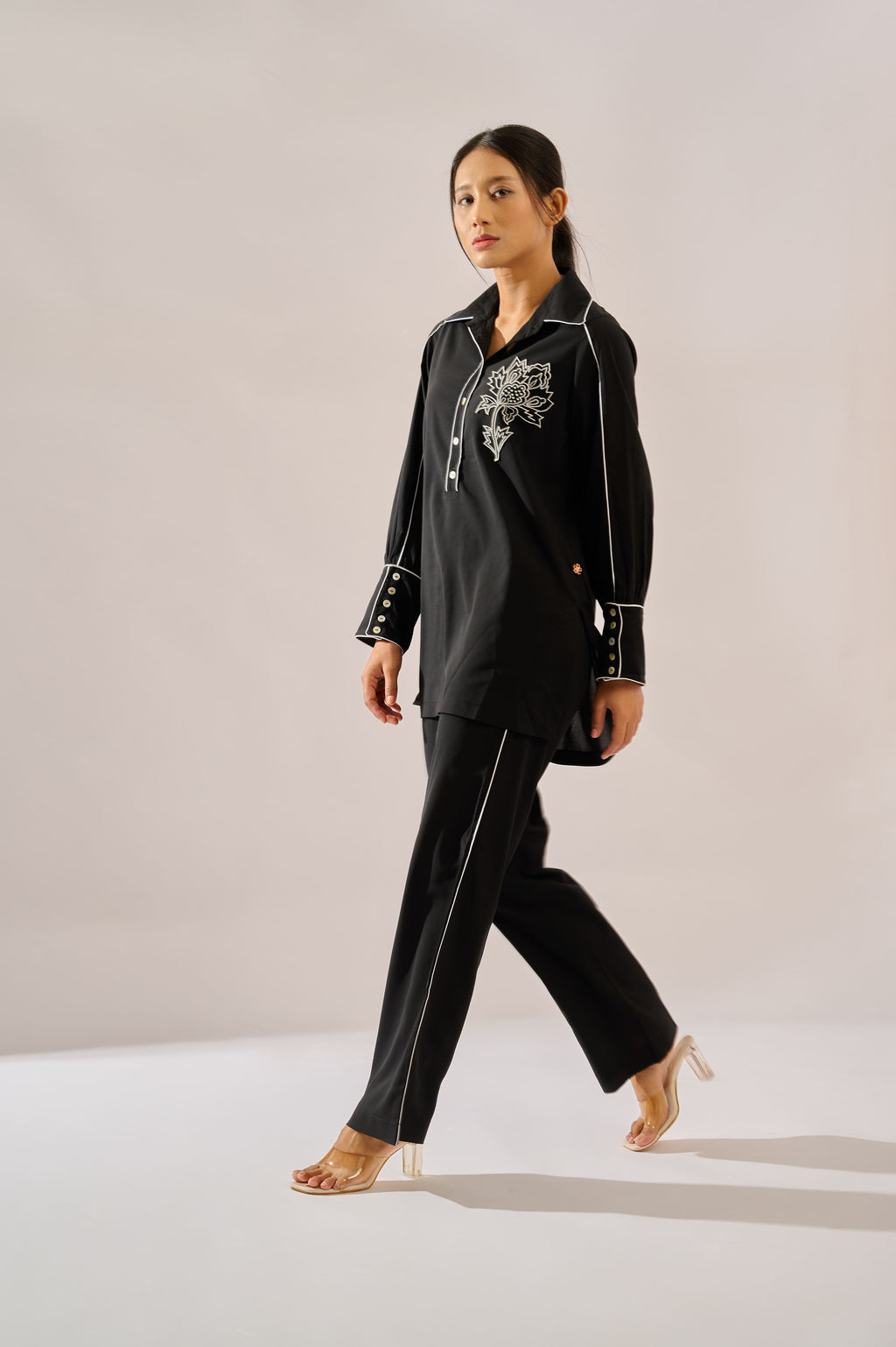Monochrome co-ord set in black for women - Haus of Handmade handcrafted clothing India