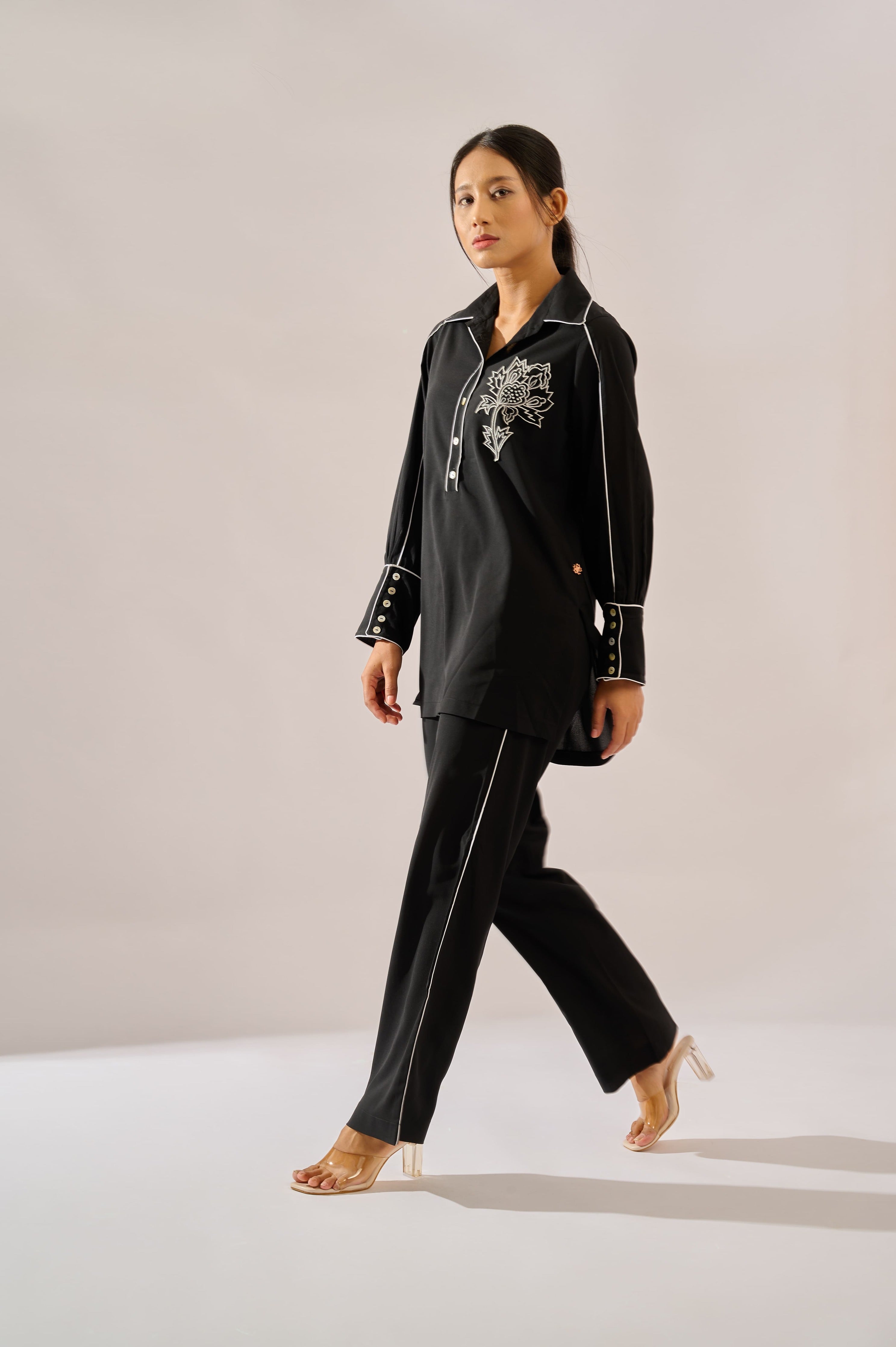 Monochrome co-ord set in black for women - Haus of Handmade handcrafted clothing India