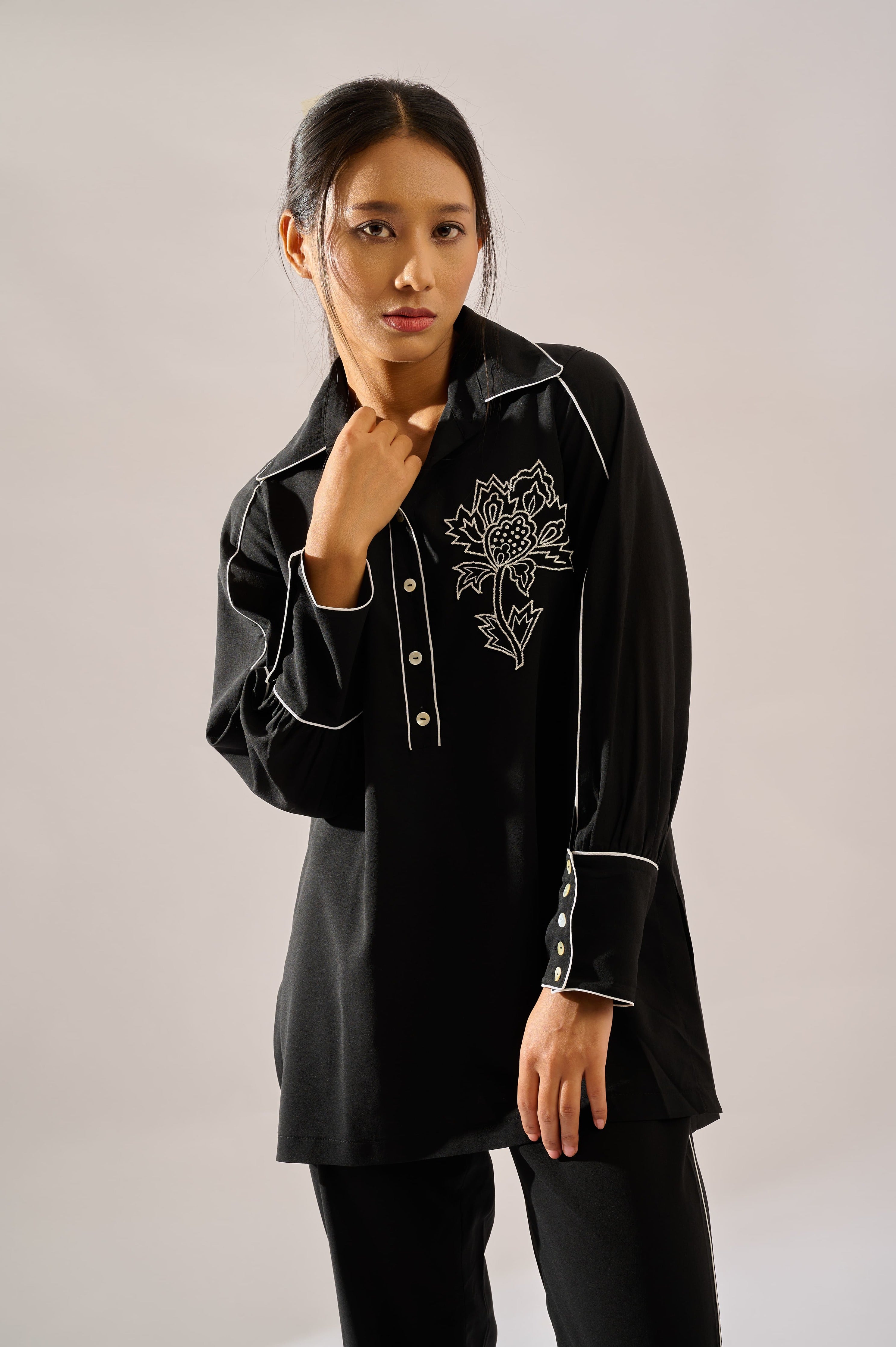 Monochrome co-ord set in black for women - Haus of Handmade handcrafted clothing India