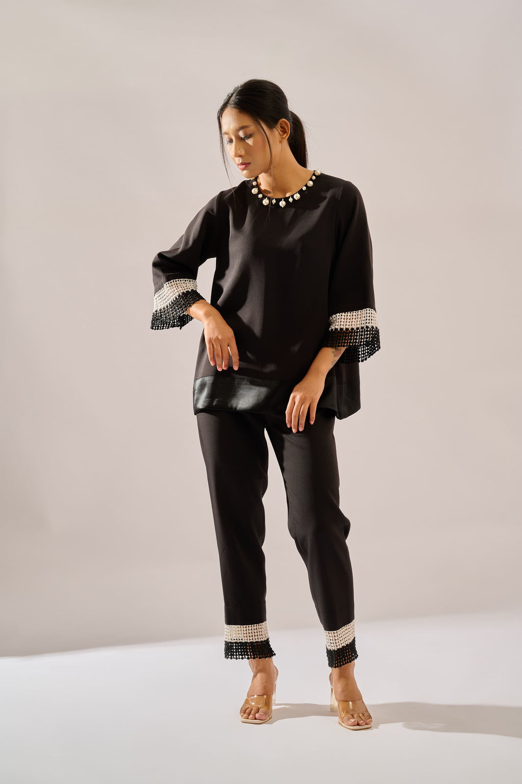 Onyx formal black co-ord set for women — side view, handcrafted black formal set — Haus of Handmade