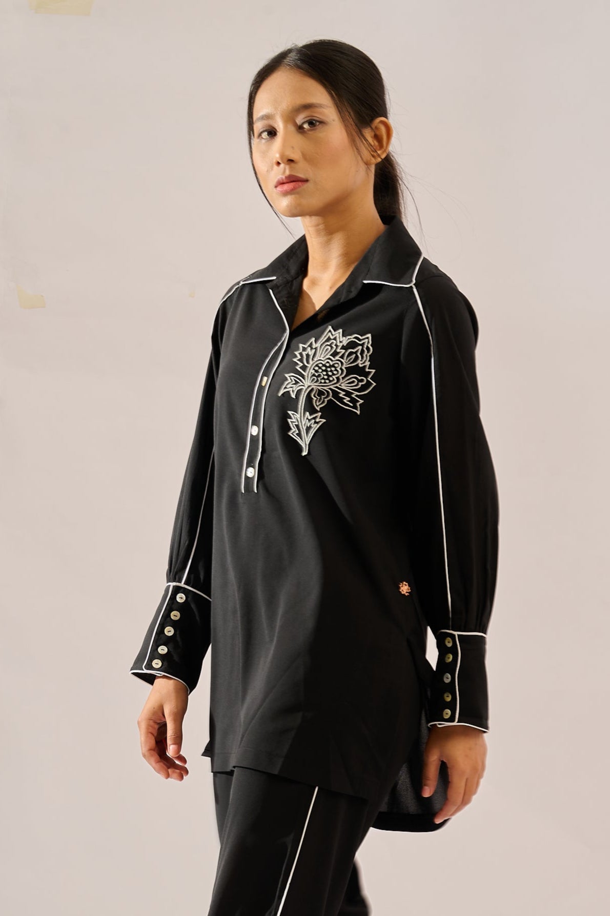 Monochrome formal top in black — side view | Haus of Handmade