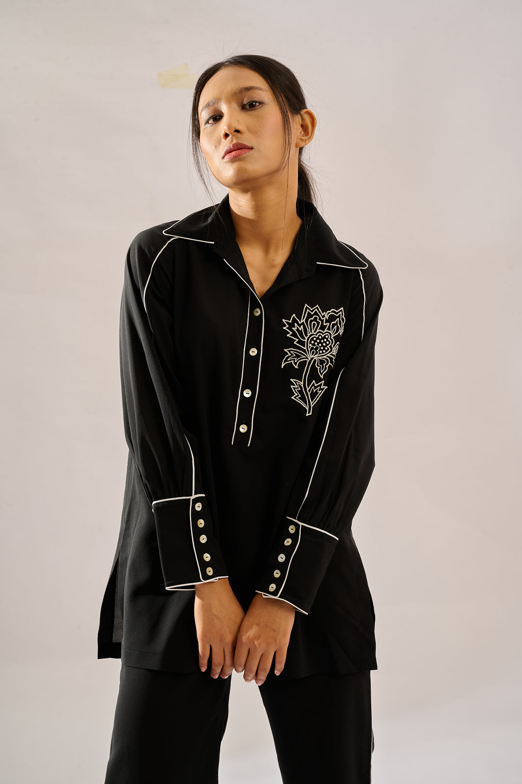 Monochrome formal top in black — front view | Haus of Handmade
