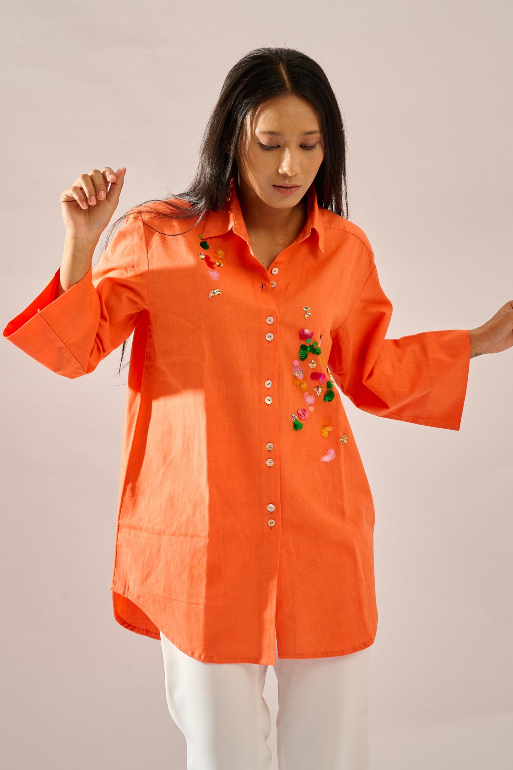 Confetti sequined linen shirt for women - Haus of Handmade handcrafted clothing India