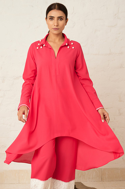 Pearly high-low co-ord tunic set for women — side view, handcrafted embellished set — Haus of Handmade
