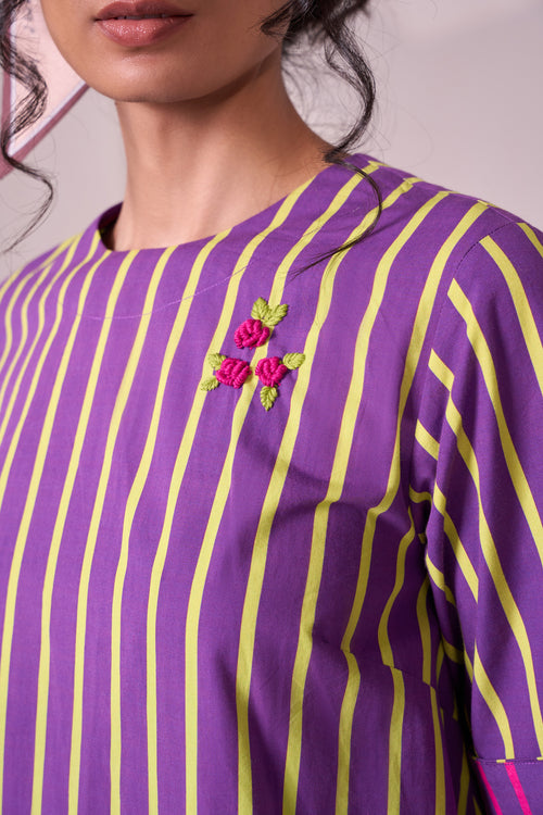 ALINE purplelime stripe cotton dress — back view, handcrafted women's dress | Haus of Handmade