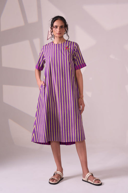 ALINE PURPLELIME STRIPE COTTON DRESS — front view | Haus of Handmade
