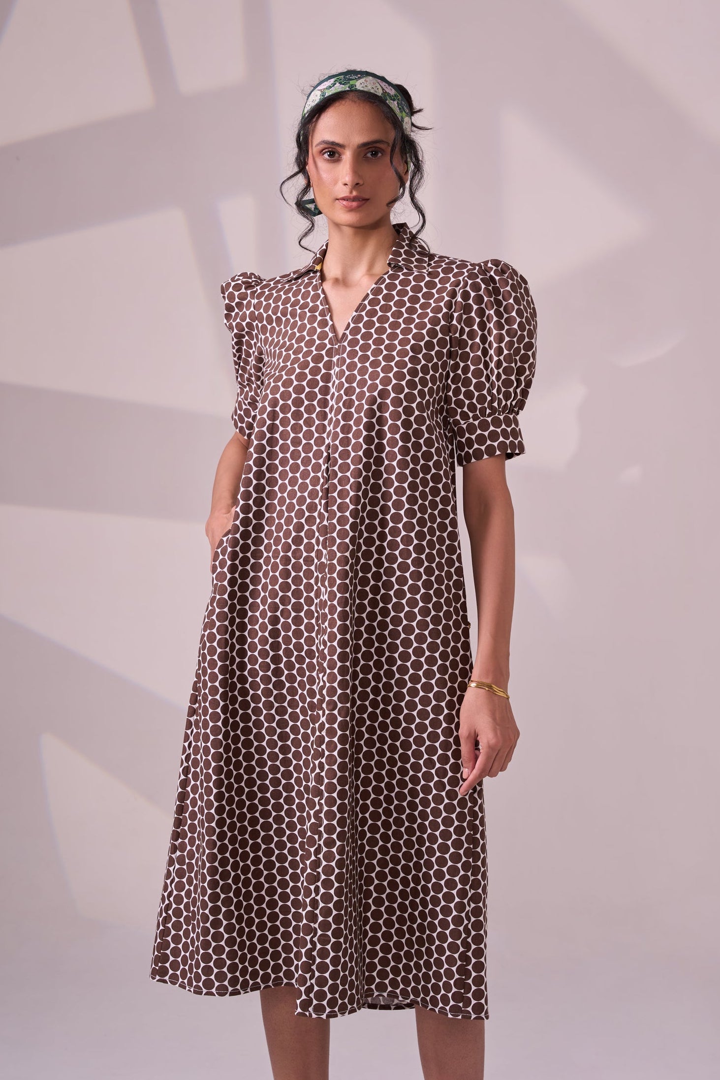 BROWN POLKA cotton dress