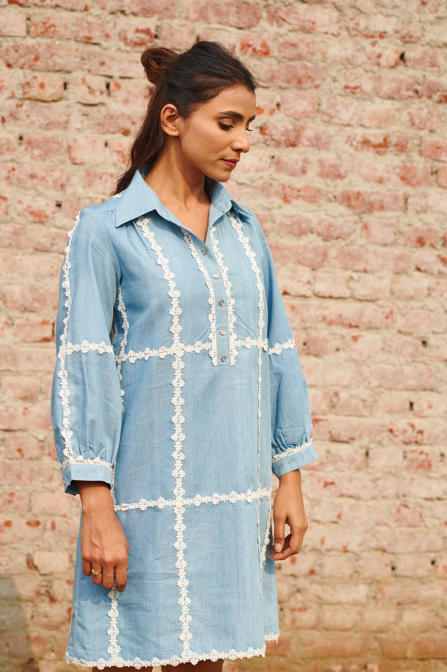Linear denim dress — front view | Haus of Handmade