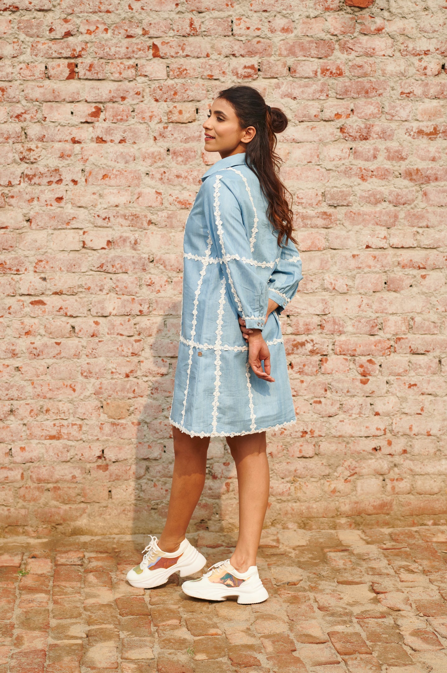 Linear denim dress — back view | Haus of Handmade