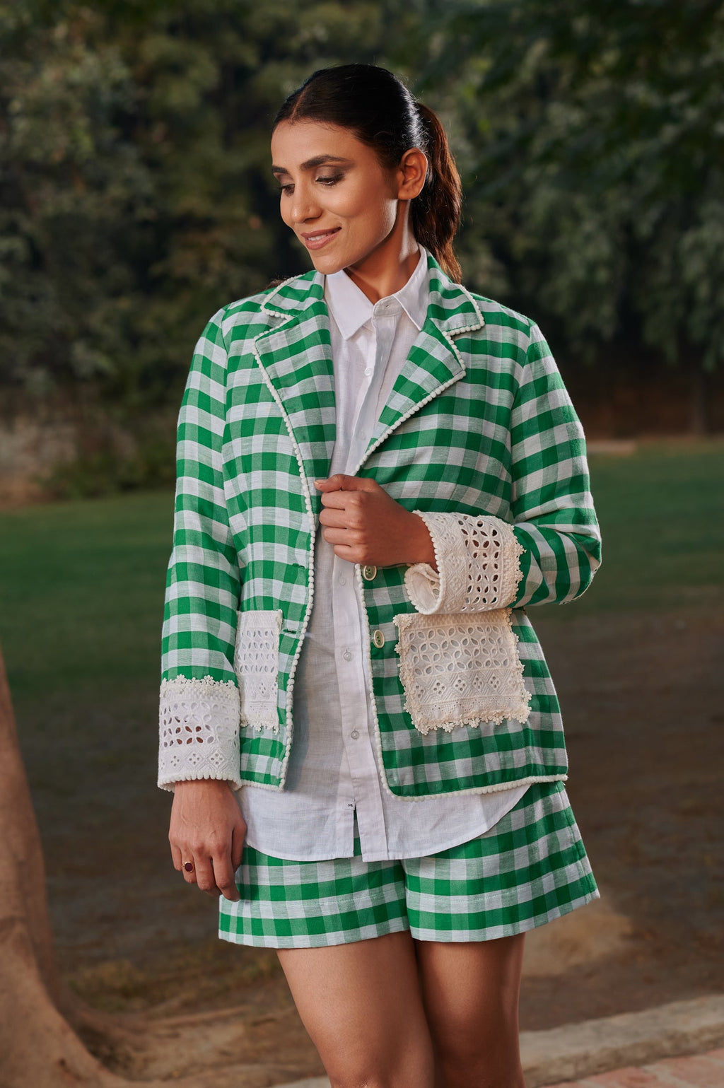 Gingham co-ord set in cotton checks pink — front view | Haus of Handmade